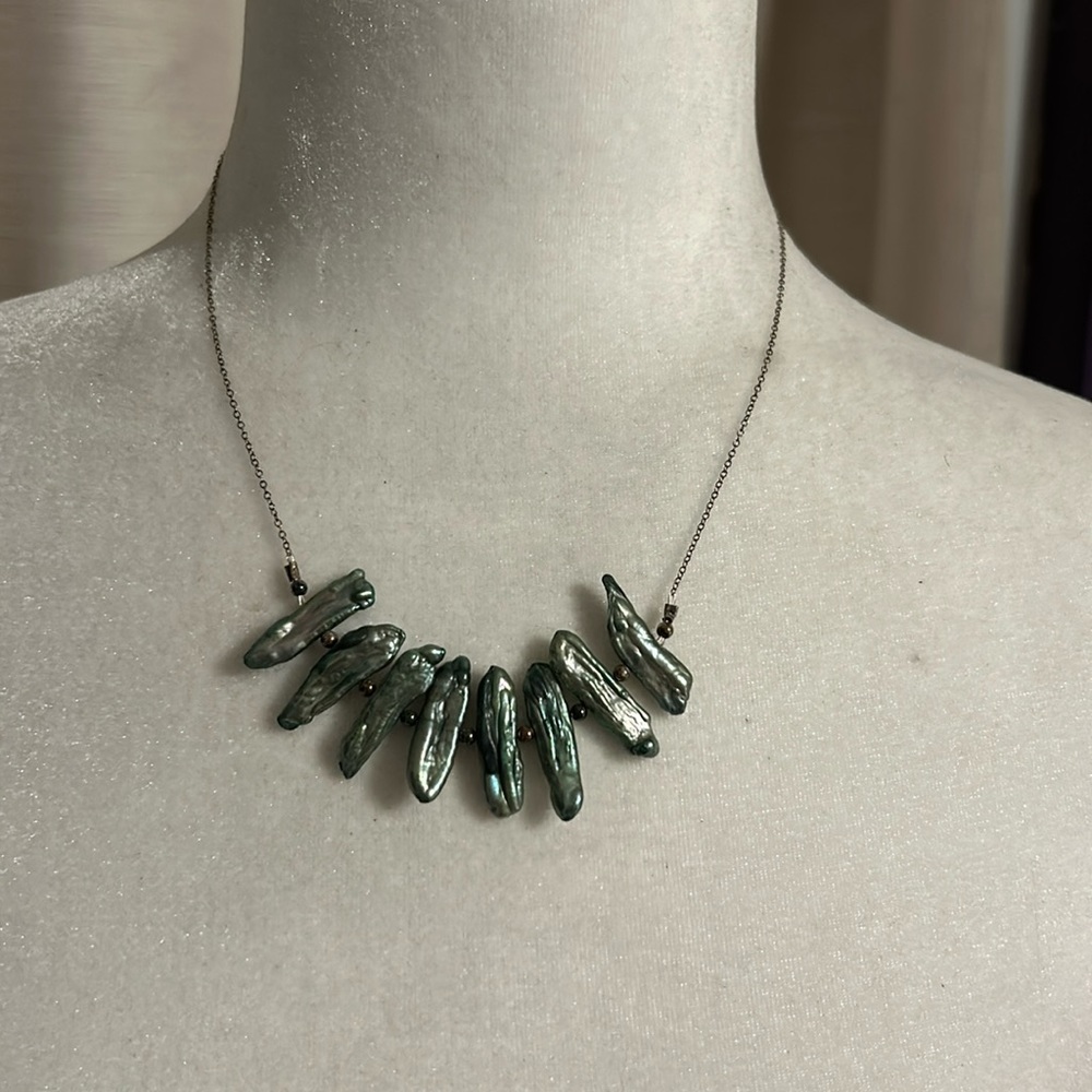 Green Biwa Freshwater Pearl Sterling Silver Necklace